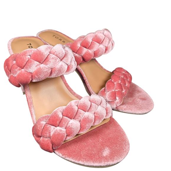 TORRID Pink Chunky Heels Size 8.5 Wide Velvet Braided Heel Sandals Excellent - Picture 6 of 8